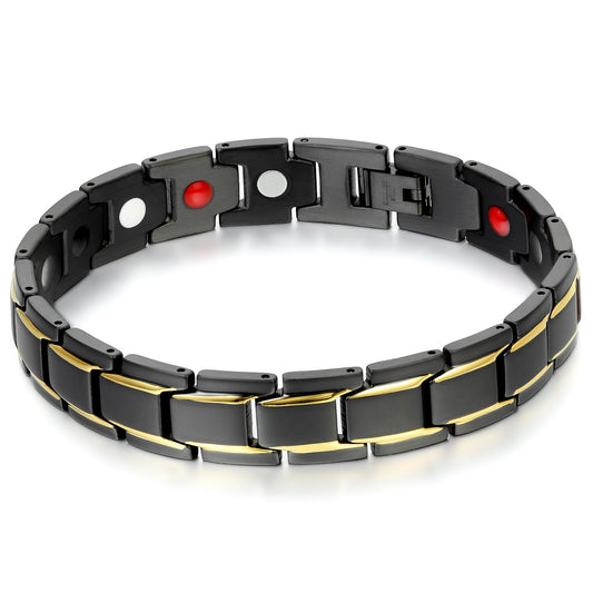 Boniskiss Mens Unique Stainless Steel Power Element Bracelet with Magnets, Gold Black Color