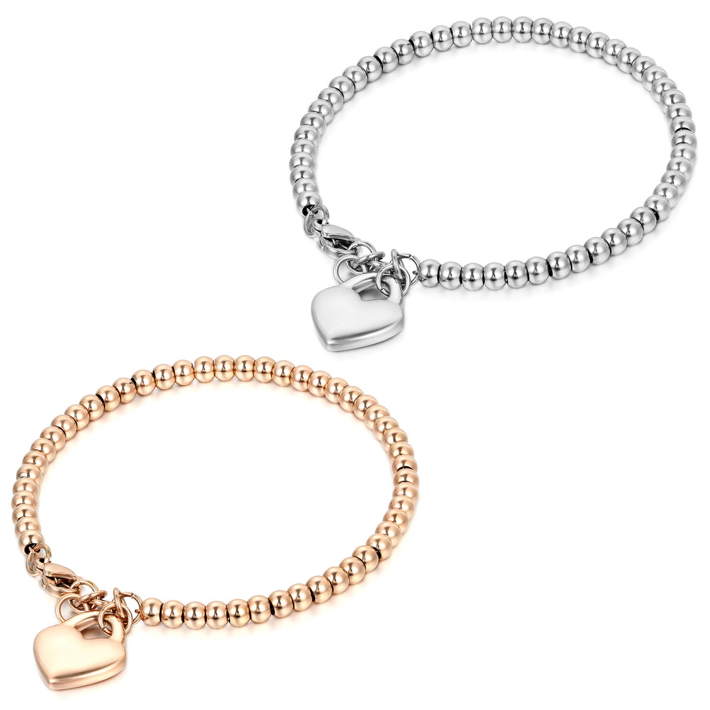 Boniskiss Women's Stainless Steel Bead Chain Bracelet with Heart Charm Adjustable