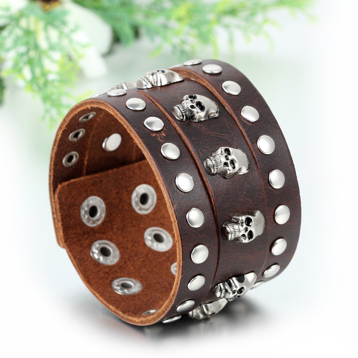 Boniskiss Unisex Gothic Punk Rock Style Skull Rivet Adjustable Wide Leather Wristband Cuff Wrap Bracelet Bangle