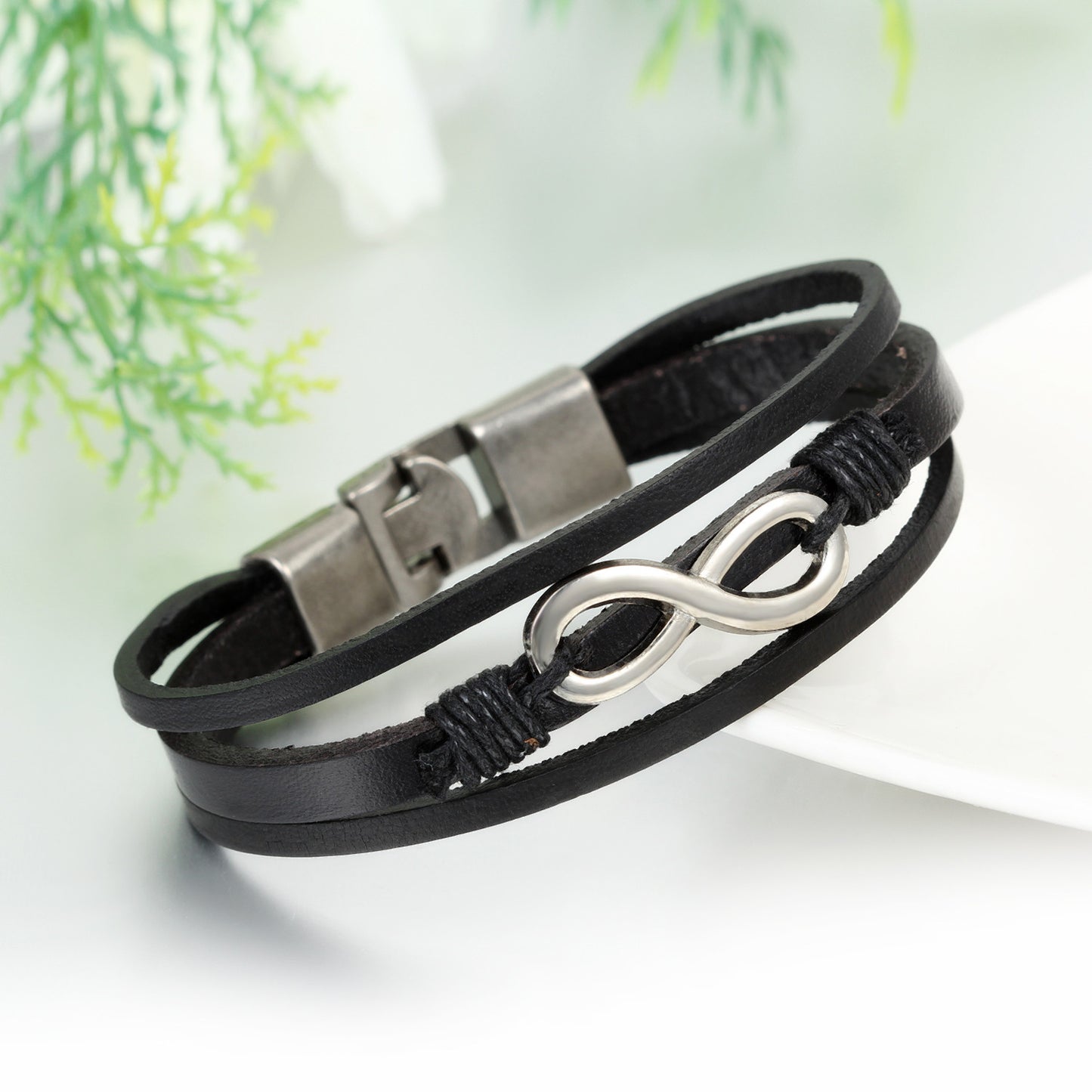 Boniskiss Infinity Charm Leather Bracelet for Men Women Wrist Wraps Bracelet Braided Cuff Bangle