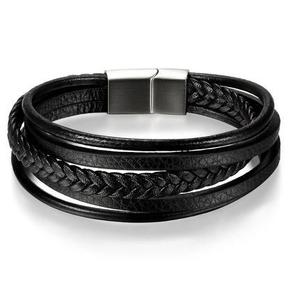 Boniskiss Stainless Steel Bracelet with Braided Leather Rope for Men