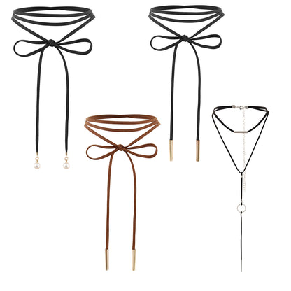 Boniskiss 4 Pieces Long Chain Black Velvet PU Leather Choker Necklace Stretch Tattoo Tassel Necklaces Set for Women Girls
