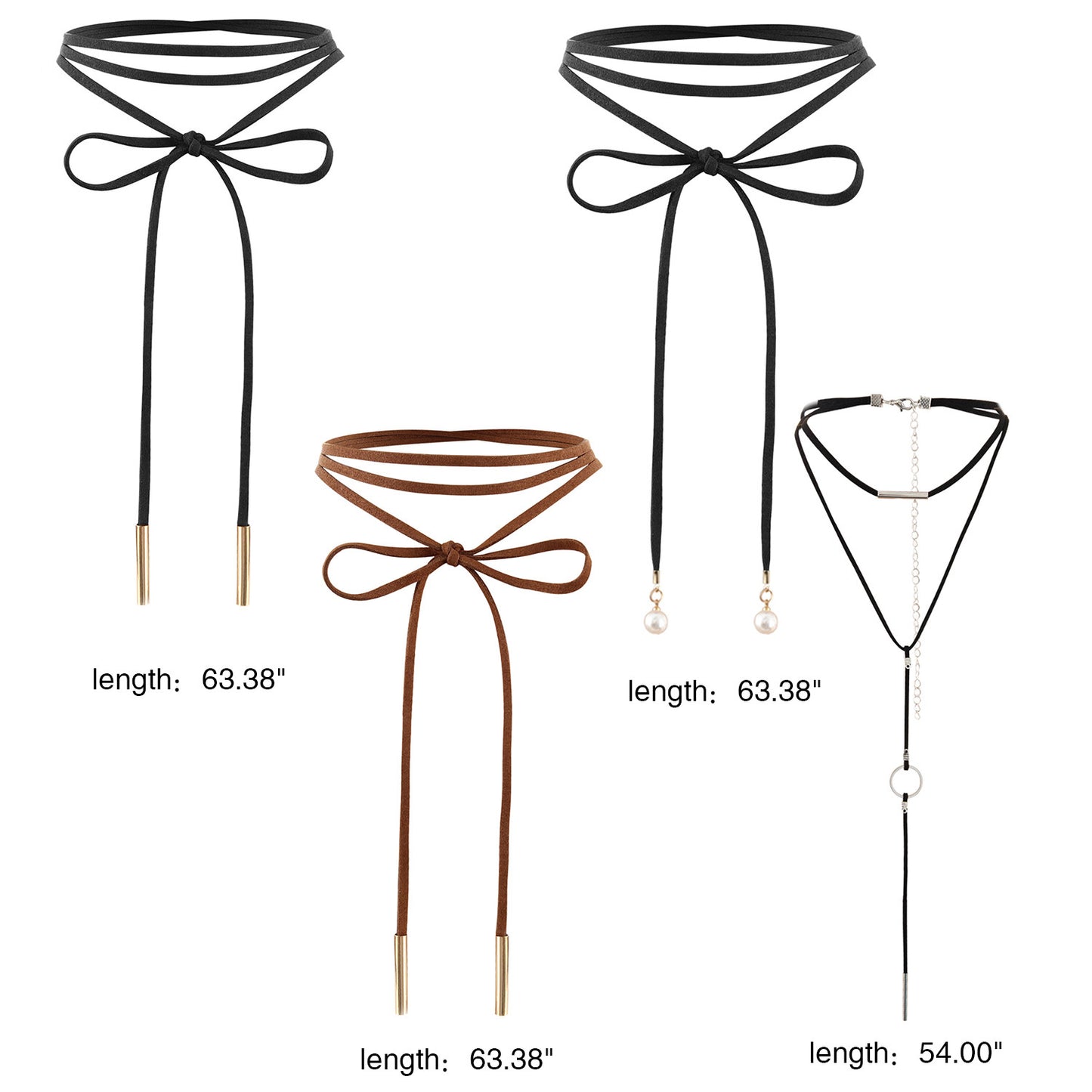 Boniskiss 4 Pieces Long Chain Black Velvet PU Leather Choker Necklace Stretch Tattoo Tassel Necklaces Set for Women Girls