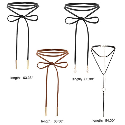 Boniskiss 4 Pieces Long Chain Black Velvet PU Leather Choker Necklace Stretch Tattoo Tassel Necklaces Set for Women Girls