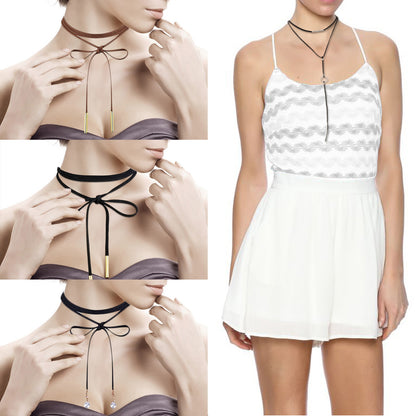 Boniskiss 4 Pieces Long Chain Black Velvet PU Leather Choker Necklace Stretch Tattoo Tassel Necklaces Set for Women Girls