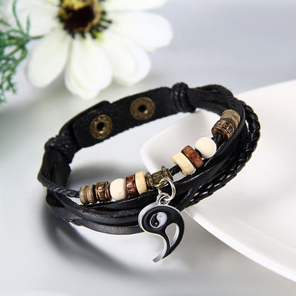 Boniskiss Yin Yang Couples Bracelet Leather Wrap Rope