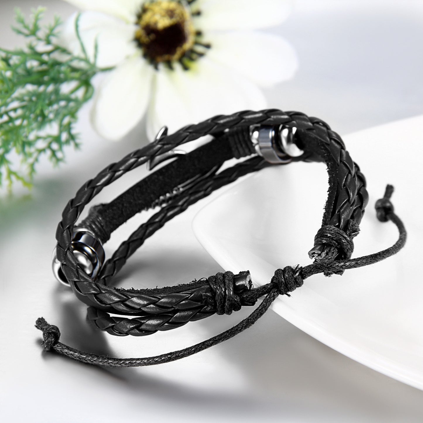Boniskiss Fish Hook Bracelet Braided Leather Rope Wristband