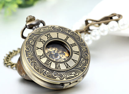 Boniskiss Antique Bronze Hollow Case Retro Roman Numerals Dial Mechanical Pocket Watch Necklace Pendant