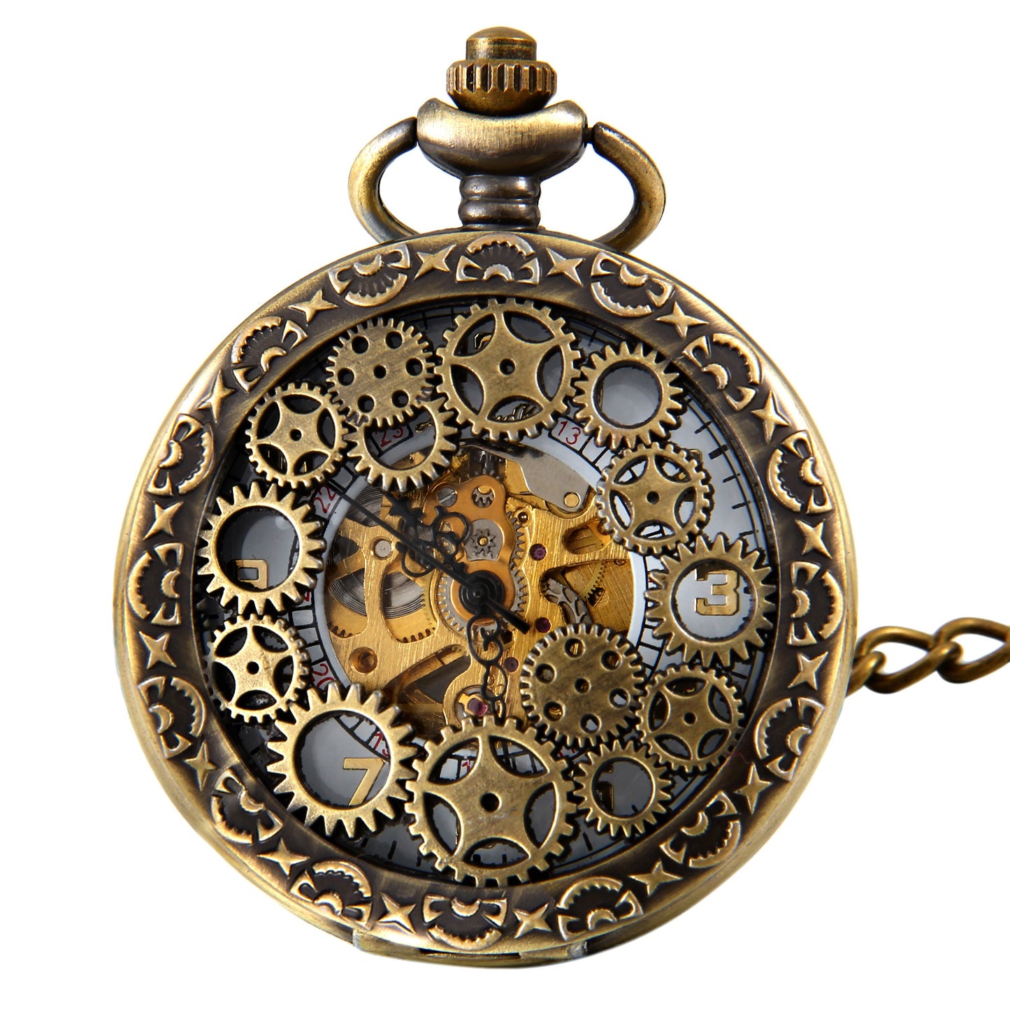 Boniskiss Classic Antique Half Hunter Metal Hollow Gear Wheel Skeleton Hand Wind Mechanical Pocket Watch with Chain