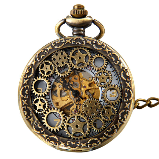 Boniskiss Classic Antique Half Hunter Metal Hollow Gear Wheel Skeleton Hand Wind Mechanical Pocket Watch with Chain