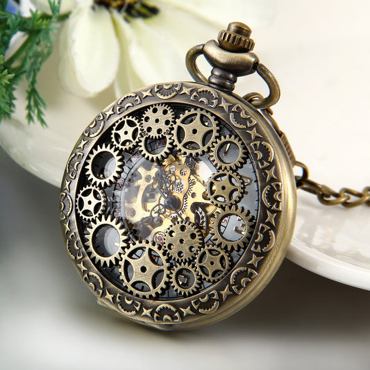 Boniskiss Classic Antique Half Hunter Metal Hollow Gear Wheel Skeleton Hand Wind Mechanical Pocket Watch with Chain