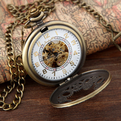 Boniskiss Classic Antique Half Hunter Metal Hollow Gear Wheel Skeleton Hand Wind Mechanical Pocket Watch with Chain