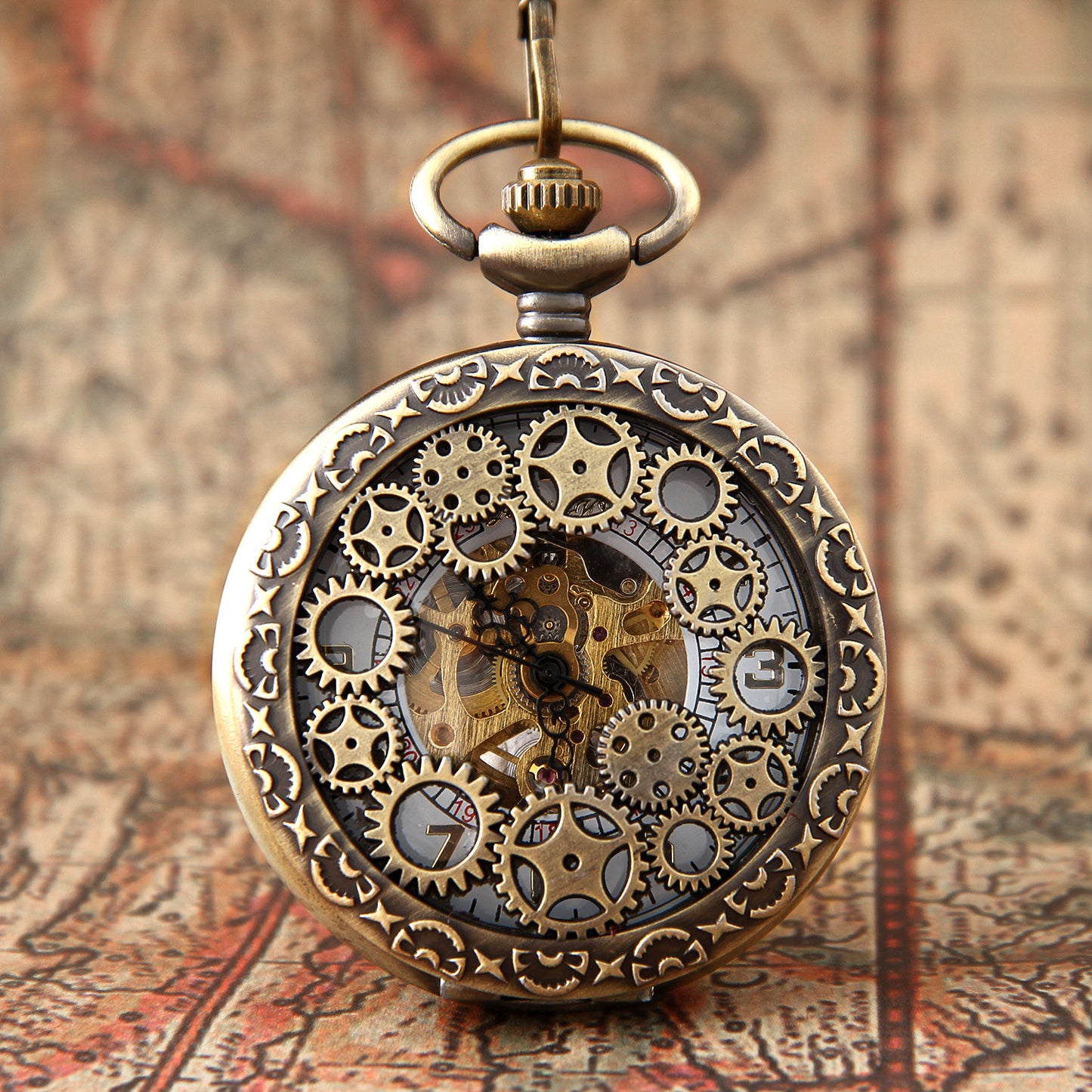 Boniskiss Classic Antique Half Hunter Metal Hollow Gear Wheel Skeleton Hand Wind Mechanical Pocket Watch with Chain