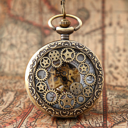Boniskiss Classic Antique Half Hunter Metal Hollow Gear Wheel Skeleton Hand Wind Mechanical Pocket Watch with Chain