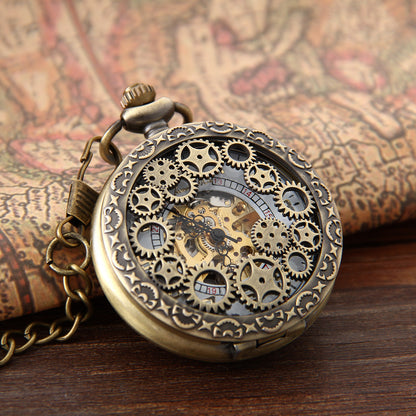 Boniskiss Classic Antique Half Hunter Metal Hollow Gear Wheel Skeleton Hand Wind Mechanical Pocket Watch with Chain
