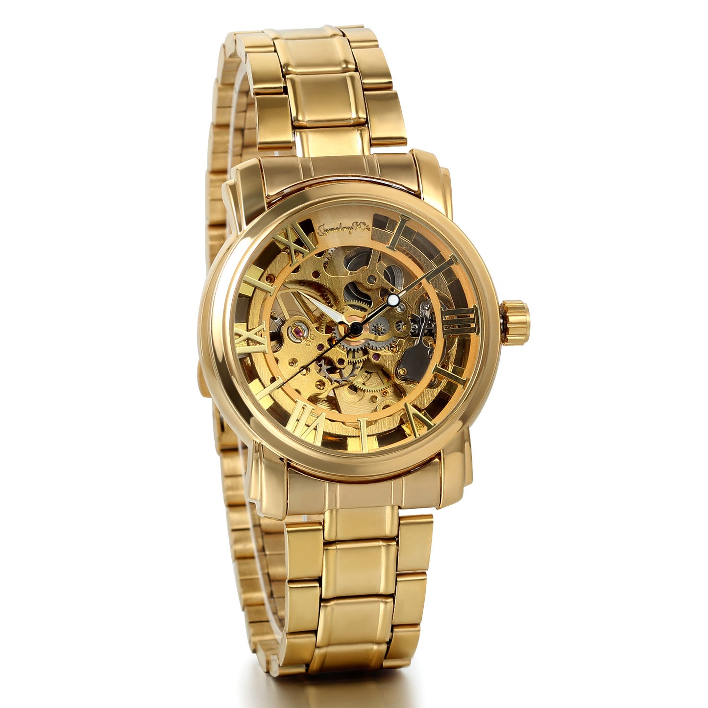 Boniskiss Luxury Gold Tone Stainless Steel Band Skeleton Automatic Mechanical Men's Wrist Watch