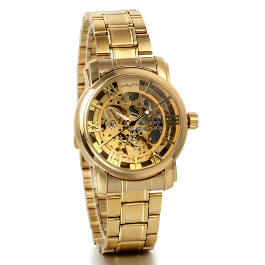 Boniskiss Luxury Gold Tone Stainless Steel Band Skeleton Automatic Mechanical Men's Wrist Watch