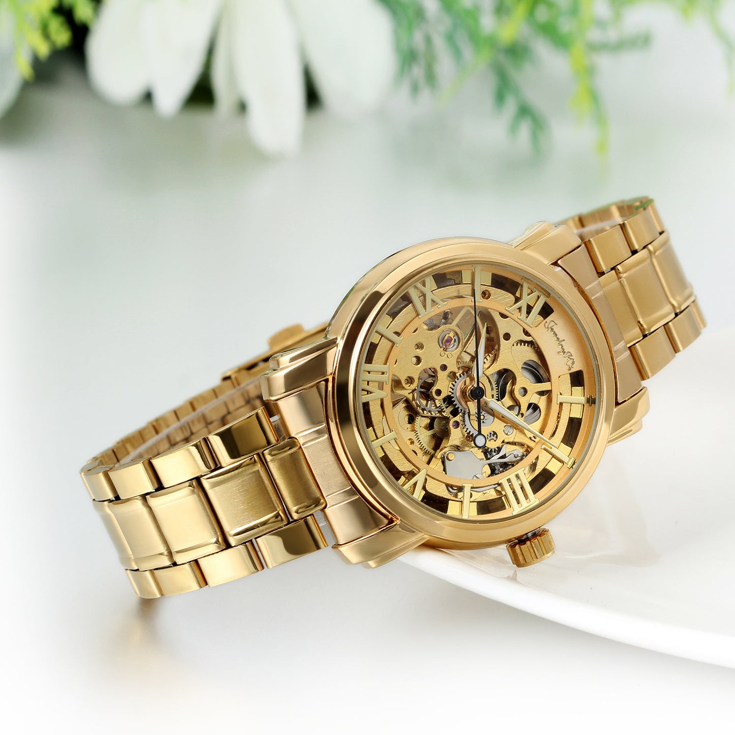 Boniskiss Luxury Gold Tone Stainless Steel Band Skeleton Automatic Mechanical Men's Wrist Watch