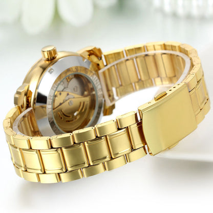 Boniskiss Luxury Gold Tone Stainless Steel Band Skeleton Automatic Mechanical Men's Wrist Watch
