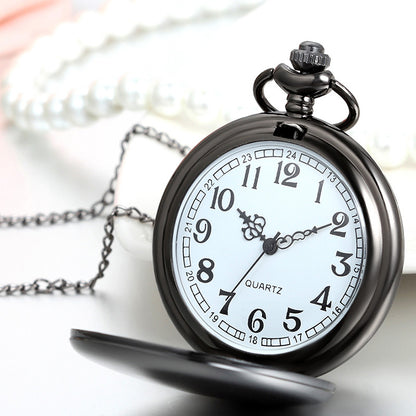 Boniskiss Classic Smooth Surface Black Tone Pocket Watch Necklace with 32 Inches Chain