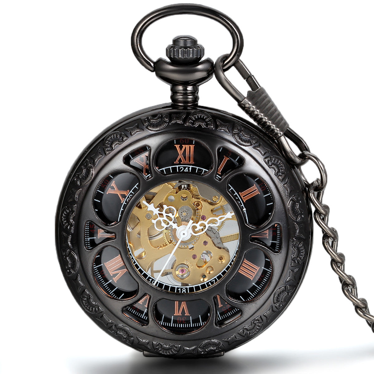 Boniskiss Half Hunter Pocket Watch with Chain Black Dial Steampunk Mechanical Hand Wind Movement