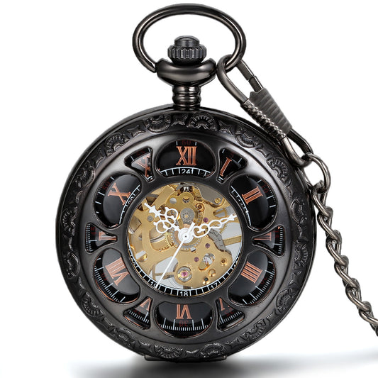 Boniskiss Half Hunter Pocket Watch with Chain Black Dial Steampunk Mechanical Hand Wind Movement