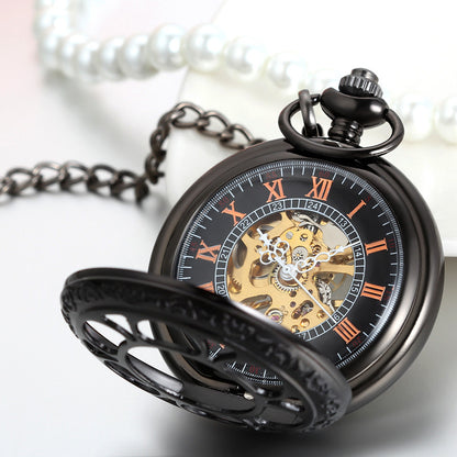 Boniskiss Half Hunter Pocket Watch with Chain Black Dial Steampunk Mechanical Hand Wind Movement
