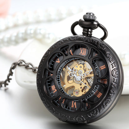 Boniskiss Half Hunter Pocket Watch with Chain Black Dial Steampunk Mechanical Hand Wind Movement