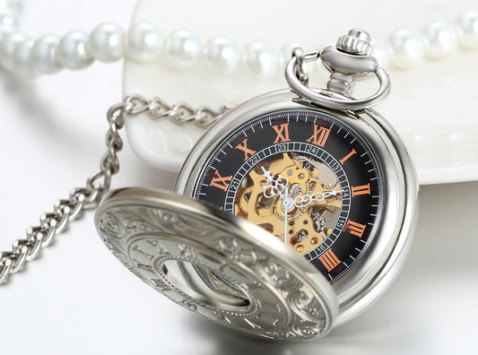 Boniskiss Silver Half Hunter Classic Hand Wind Mechanical Roman Pocket Watch with 15 Inches Chain