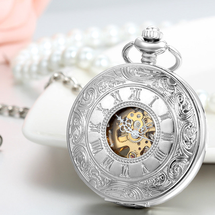 Boniskiss Silver Half Hunter Classic Hand Wind Mechanical Roman Pocket Watch with 15 Inches Chain