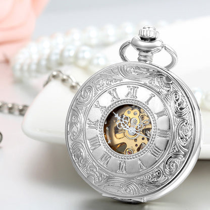 Boniskiss Silver Half Hunter Classic Hand Wind Mechanical Roman Pocket Watch with 15 Inches Chain