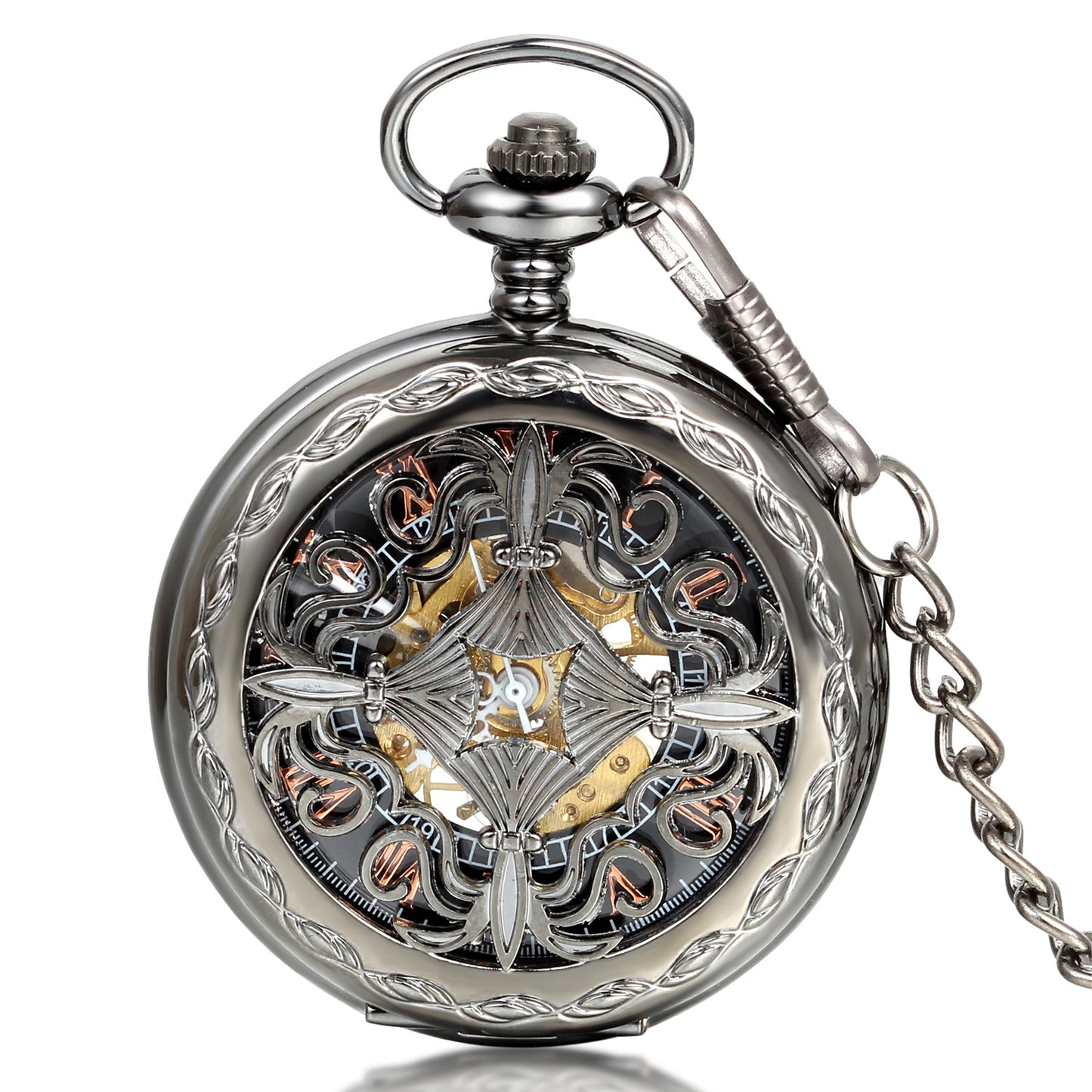 Boniskiss Hunter-case Pocket Fob Watch Mechanical Black Dial Celtic Knot Hollow