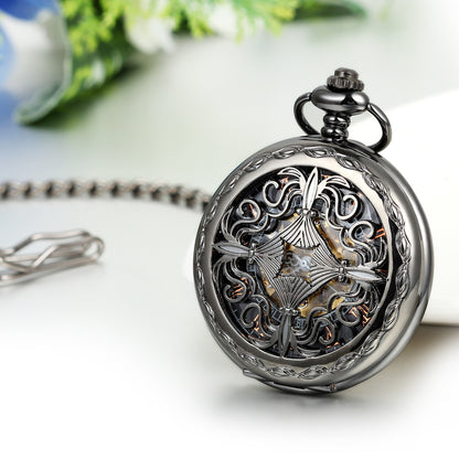 Boniskiss Hunter-case Pocket Fob Watch Mechanical Black Dial Celtic Knot Hollow