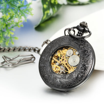 Boniskiss Hunter-case Pocket Fob Watch Mechanical Black Dial Celtic Knot Hollow