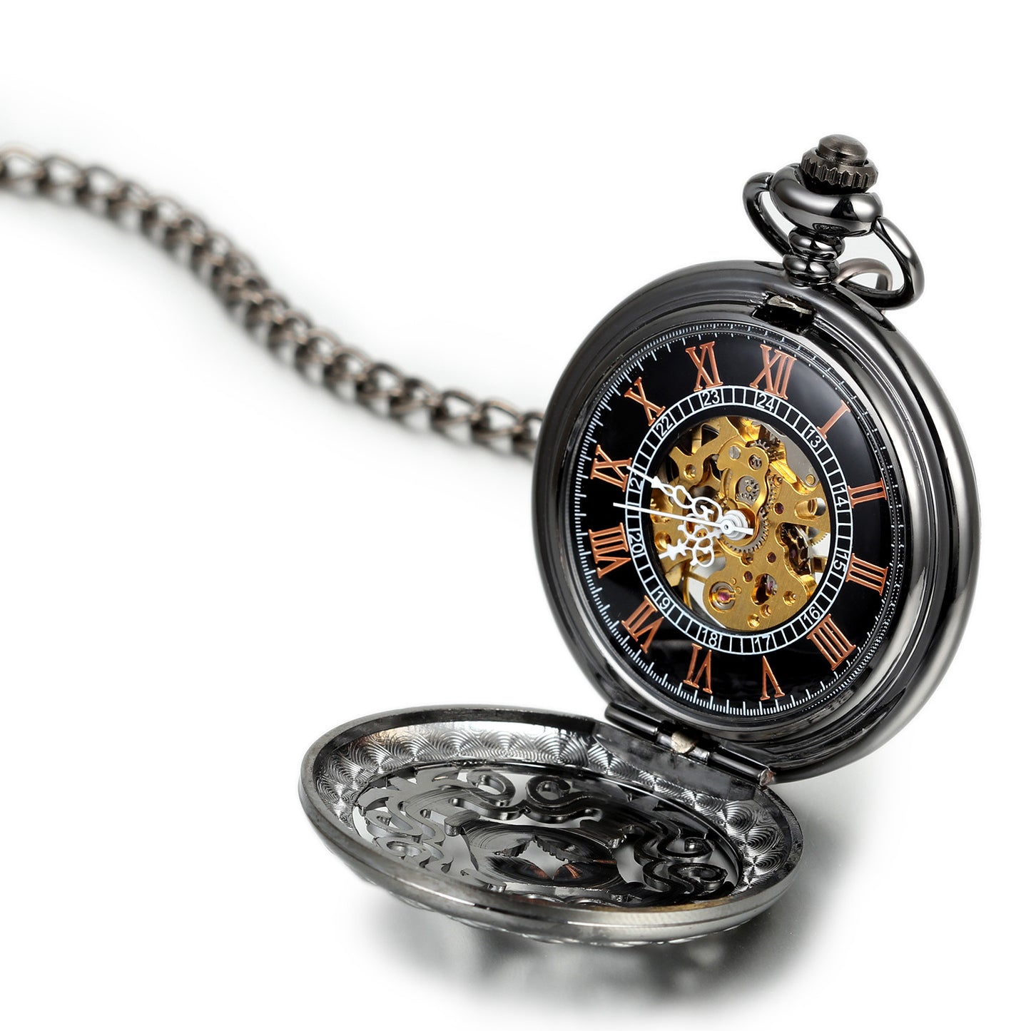 Boniskiss Hunter-case Pocket Fob Watch Mechanical Black Dial Celtic Knot Hollow