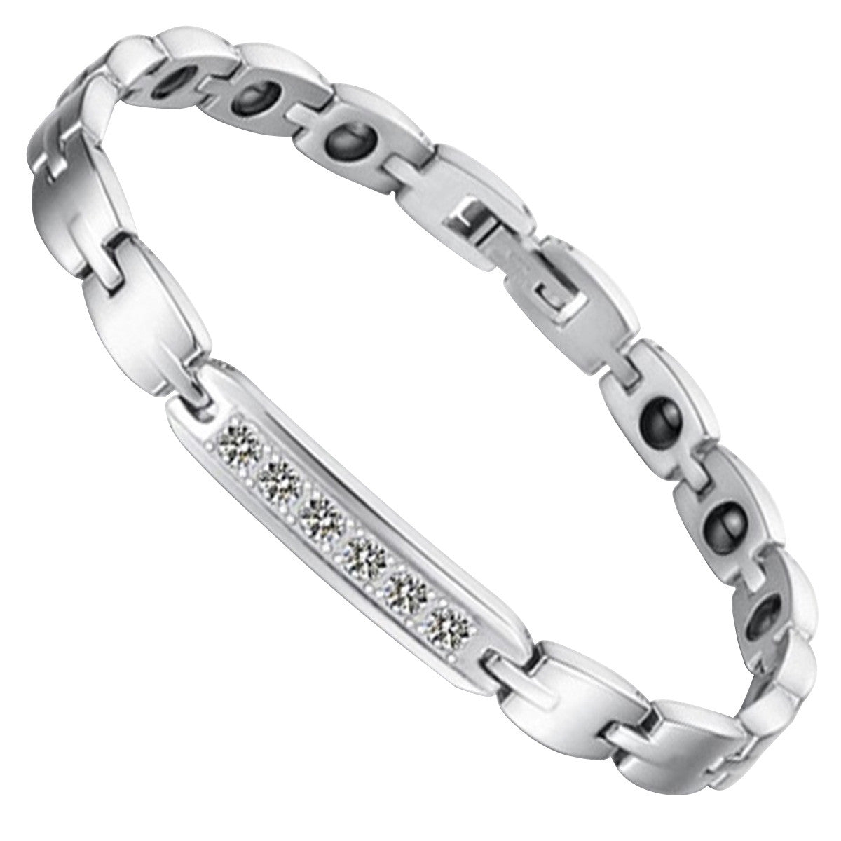 Boniskiss Fashion Stainless Steel Cubic Zirconia Couple Bracelets Black Magnetic Stones Bangle for Men Ladies